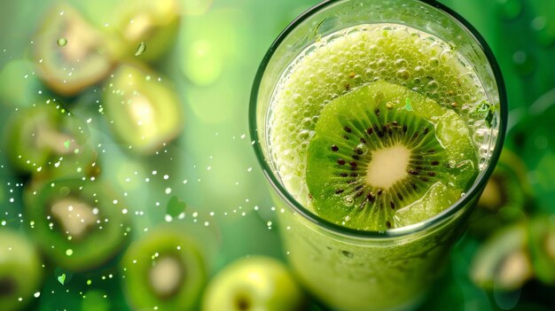 A glass containing a vibrant green liquid with a kiwi slice floating inside