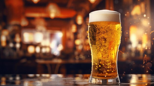 A glass of cool beer on a wooden table against a pub backdrop