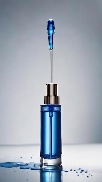 Glass cosmetic pipette dropper with blue skincare serum and hanging liquid drop on white background