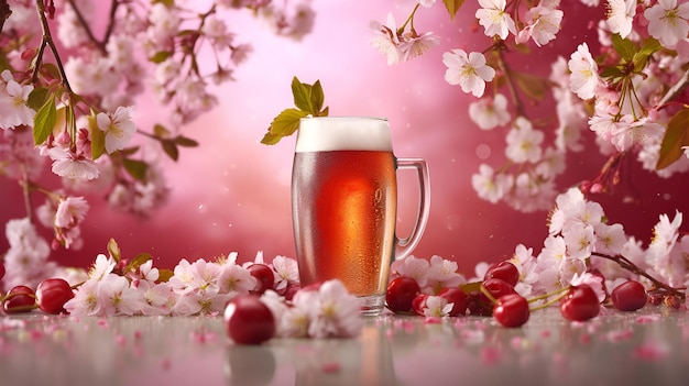 Photo glass of craft cherry beer or on a light pink background with cherry blossom branches promotional illustration red cherry ale or belgian kriek commercial banner generative ai