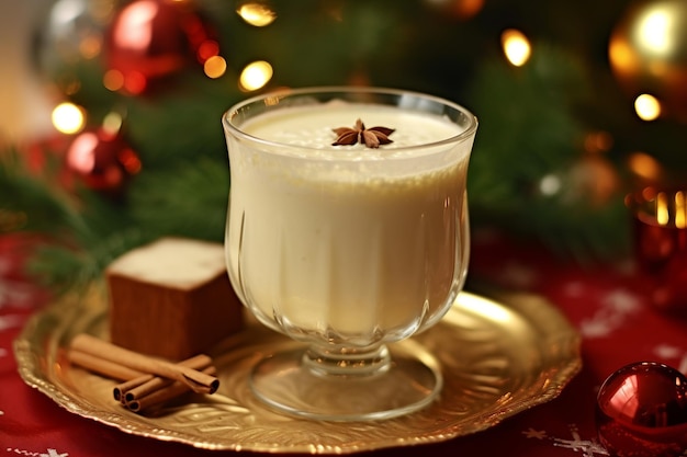 Glass of creamy eggnog with nutmeg Christmas tree and wrapped gifts blurred in the backdrop