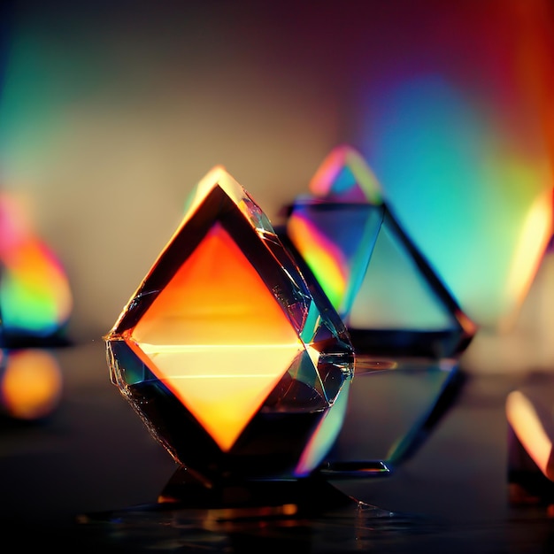 ガラスの結晶と色のスペクトル線を持つプリズム抽象的な光学芸術の背景 3 D イラスト