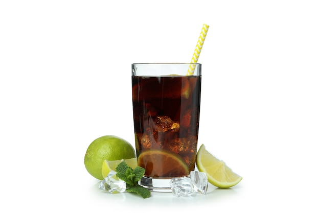 Glass of Cuba Libre isolated on white surface