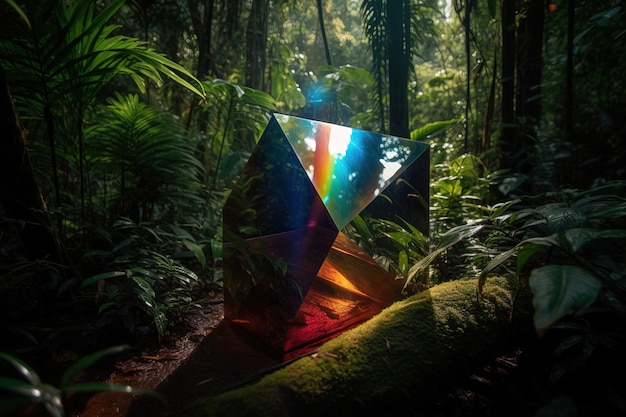 A glass cube in the forest with a rainbow on the top