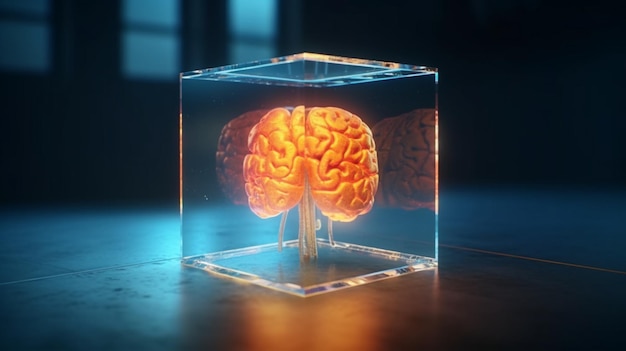 Glass cube with glowing brain inside Generative AI