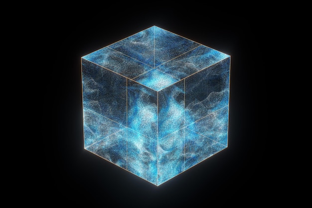 Glass cube with glowing particles inside 3d rendering