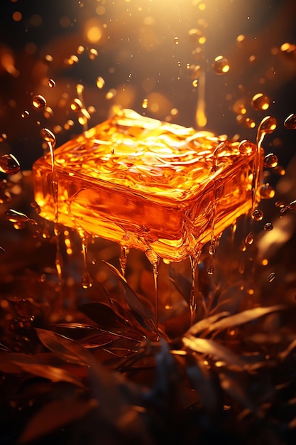 a glass cube with gold and orange glitter