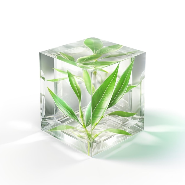 A glass cube with a plant inside of it