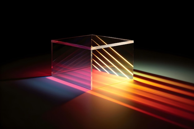 Photo a glass cube with rainbow light