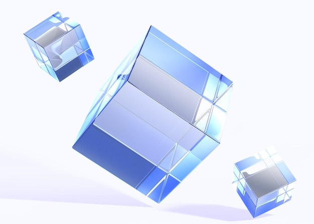 Photo glass cubes or blocks with blue light refraction crystal square boxes with holographic gradient 3d render background flying abstract geometric acrylic shapes technology design 3d illustration