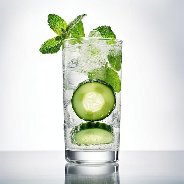 A glass of cucumber and ice with a mint leaf on top.