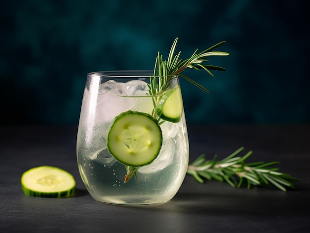 A glass of cucumber and a slice of rosemary sits on a table next to a cucumber and a slice of rosemary.