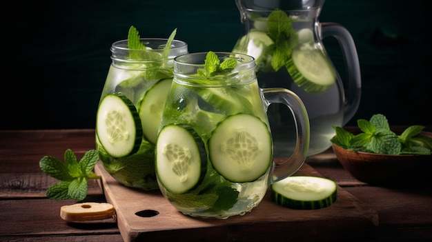 A glass of cucumber water with cucumber slices and mint leaves