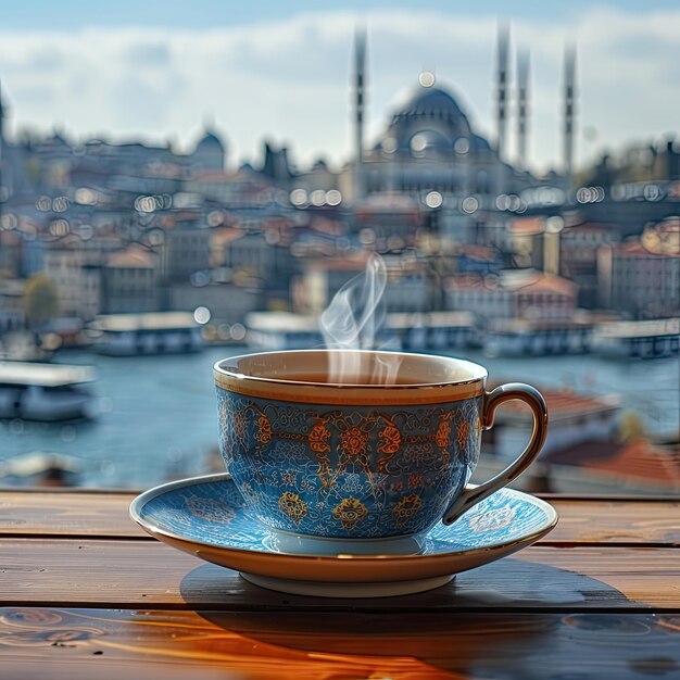 Photo glass cup of aromatic black tea with fresh mint on light blue wooden table against blurred backgroun