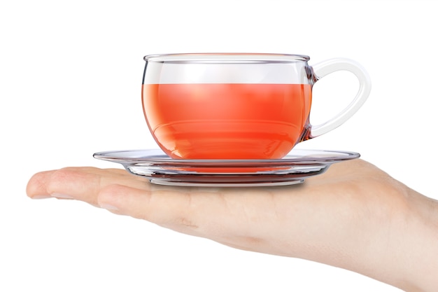Glass Cup of Black Tea over Hand isolated on a white background. 3d Rendering