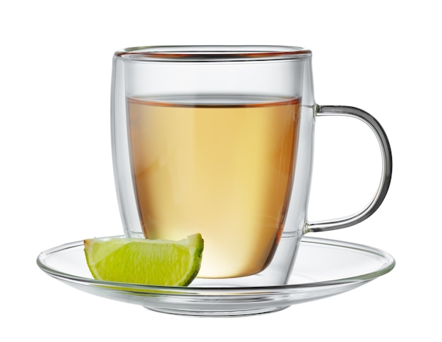 Glass cup of black tea with bergamot isolated on white background