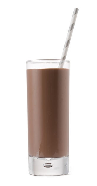 Glass cup of chocolate milk with a straw isolated on white background