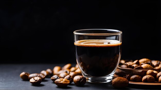 A glass cup of coffee coffee nuts on the table with black background copy space