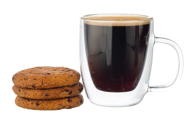 Glass cup of coffee with chocolate chip cookie isolated