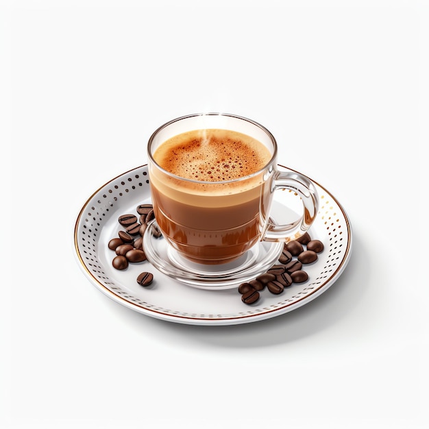 A glass cup of coffee with a foamy liquid on a plate with coffee beans