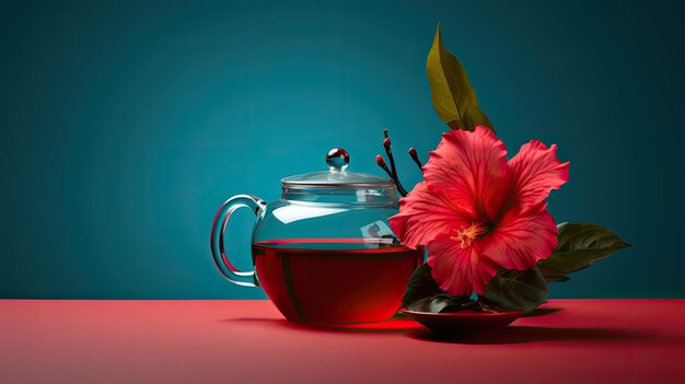 Photo a glass cup filled with vibrant red hibiscus tea a matching teapot and a single fresh hibiscus flower all set against a solid contrasting background