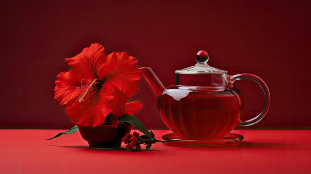 Photo a glass cup filled with vibrant red hibiscus tea a matching teapot and a single fresh hibiscus flower all set against a solid contrasting background