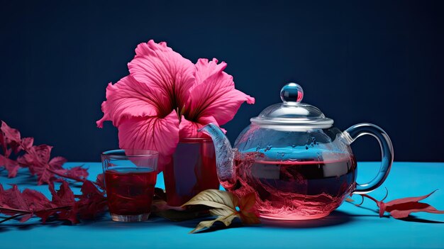 Photo a glass cup filled with vibrant red hibiscus tea a matching teapot and a single fresh hibiscus flower all set against a solid contrasting background