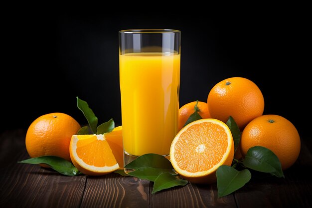 A glass cup of fresh orange juice on wooden board