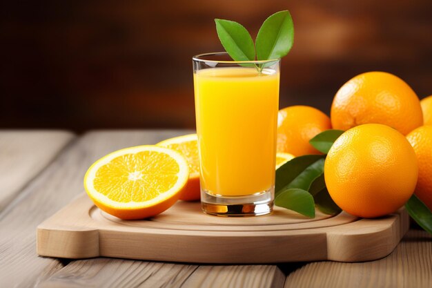 A glass cup of fresh orange juice on wooden board