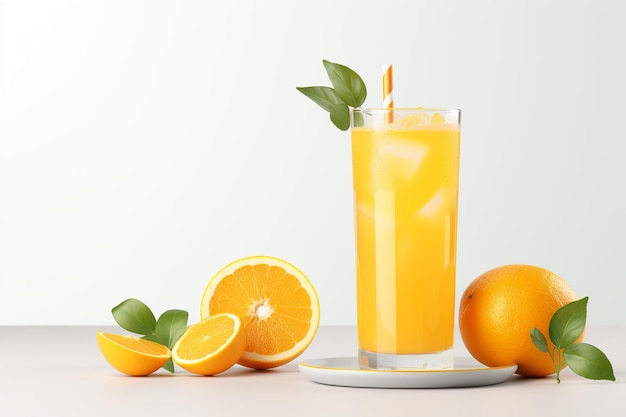 A glass cup of fresh orange juice on wooden board