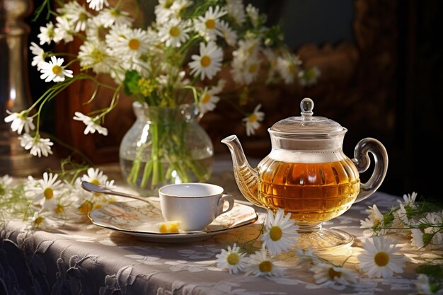 Glass cup of green tea with white chamomile flowers and bag on wooden background