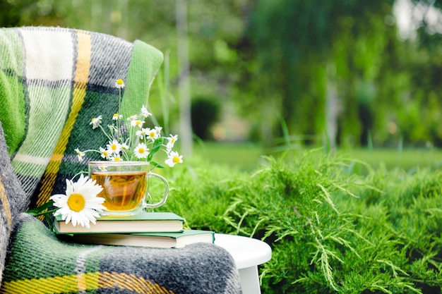Glass cup of herbal tea with chamomile flower on books, warm green plaid on table outdoor. Cozy home, nature background in garden. Copy space.