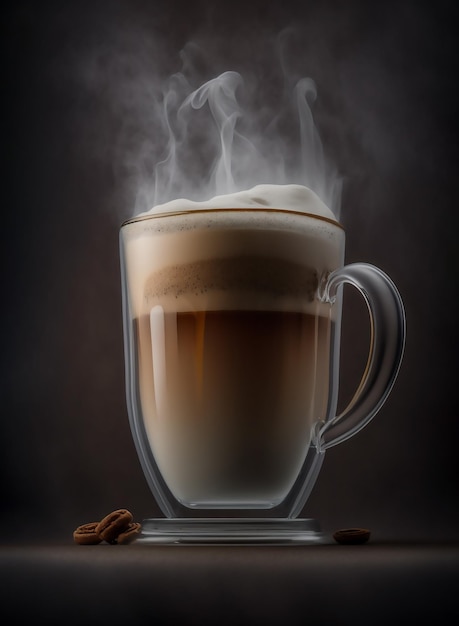 Стеклянная чашка горячего кофе латте с паром на черном фоне Generative AI