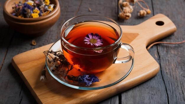 Photo a glass cup of hot tea with dried flowers on a wooden cutting board