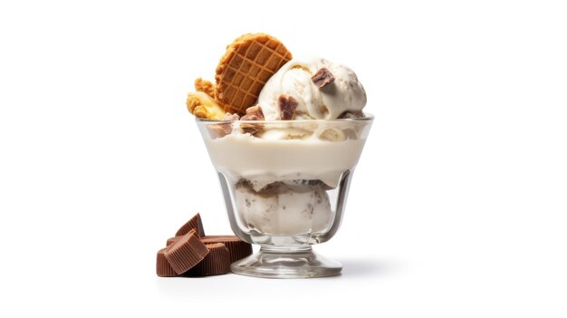 a glass cup of ice cream with ice cream and chocolate chips.