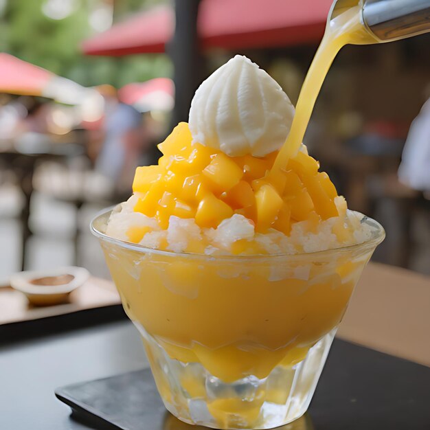 Photo a glass cup of ice cream with a spoon in it