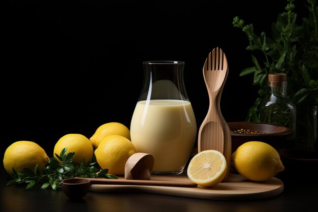 A glass cup of lemon juice and wooden reamer