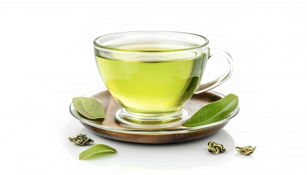 Photo glass cup of tasty green tea on white background