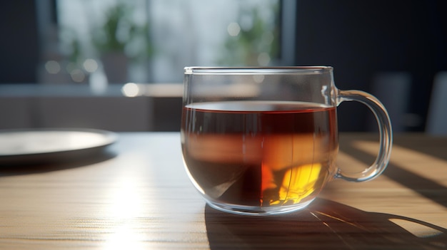 Стеклянная чашка чая стоит на столе с ноутбуком на столе.