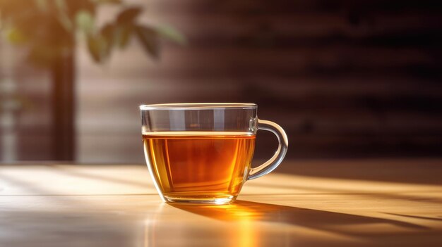 A glass cup of tea sits on a wooden table.