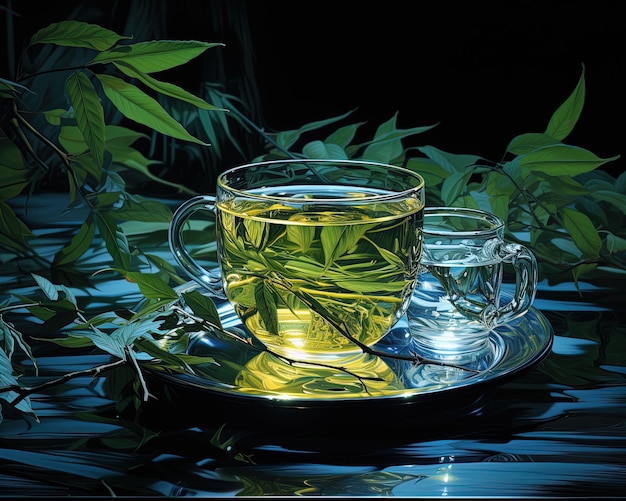 緑茶のカップが付いた皿の上にグラスカップの茶を置く