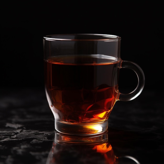 A glass cup of tea with a black background and a black background.