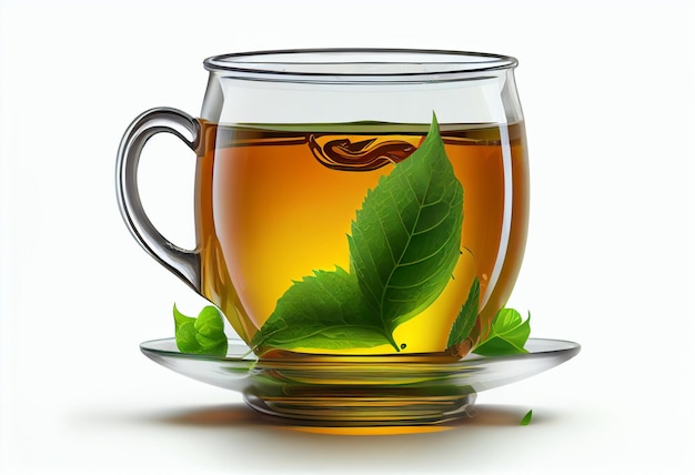 A glass cup of tea with a leaf on it