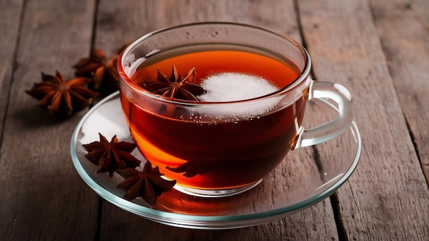 A glass cup of tea with sugar and star anise