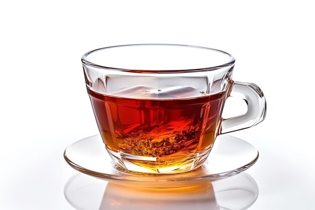 A glass cup with brown liquid on a saucer