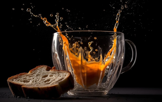 A glass cup with fluid and a slice of bread on a dark background Generative AI