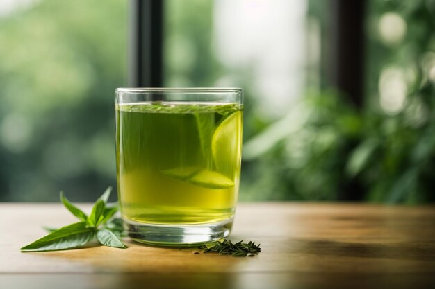 Photo glass cup with fresh green tea