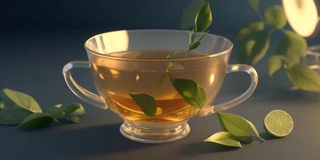 A glass cup with green leaves and a plant in it