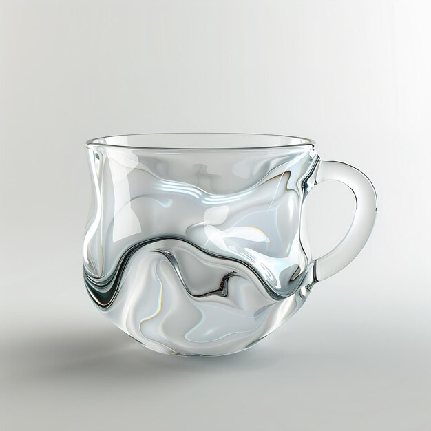 a glass cup with a handle that says  e  on it