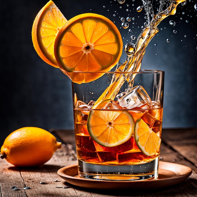 glass cup with liquor on table orange and ice dark background with splash